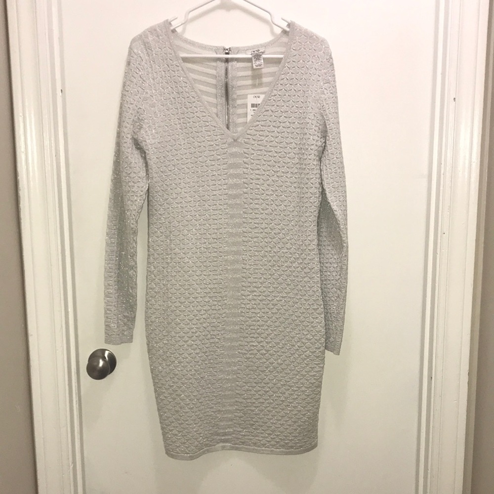 Cache Silver Sparkly Midi Sweater Dress Size L NWT